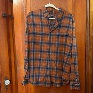 Express Men's Rust and Navy Plaid Shirt